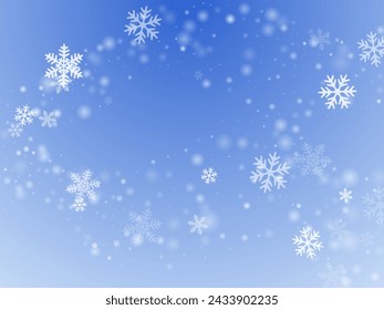 Random heavy snowflakes backdrop. Wintertime speck freeze granules. Snowfall sky white blue pattern. Little snowflakes january vector. Snow nature landscape.
