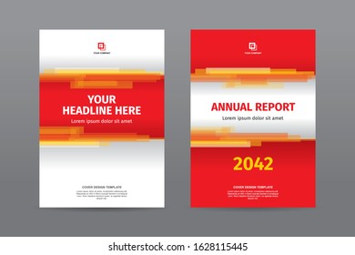 Random horizontal stacked transparent orange bars on white red background, A4 size book cover template for annual report, magazine, poster, brochure, proposal, company profile, booklet