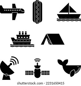 Random Icon Set of Airplane, Hot dog, Boat, Ship, Camping tent, Whale, Satellite and Booster Dish.