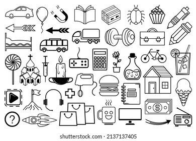 Random icon set. Black icons with thin line isolated on white background. Black linear symbols, modern signs.