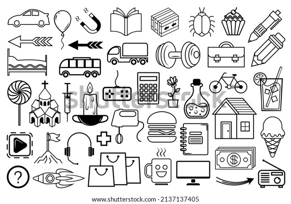 Random icon set.\
Black icons with thin line isolated on white background. Black\
linear symbols, modern\
signs.