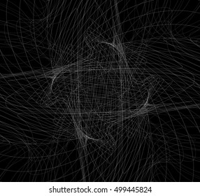 Random intersecting lines, geometric monochrome art. Random chaotic, curvy lines.