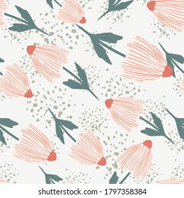 Random isolated daisy flower seamless pattern. Pink botanic ornament on white background with splashes. Designed for wallpaper, textile, wrapping paper, fabric print. Vector illustration.