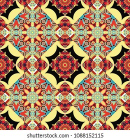 Random layout. Bed sheets and interior. Ornament made of various black, red and yellow shapes. Seamless abstract vector geometric pattern. Gift wrapping paper.