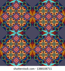 Random layout. Ornament made of various black, blue and red shapes. Gift wrapping paper. Bed sheets and interior. Seamless abstract vector geometric pattern.