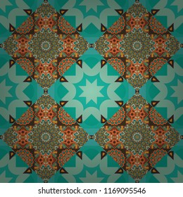 Random layout. Seamless abstract vector geometric pattern. Bed sheets and interior. Ornament made of various green, orange and blue shapes. Gift wrapping paper.