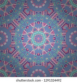 Random layout. Seamless abstract vector geometric pattern. Ornament made of various violet, blue and pink shapes. Bed sheets and interior. Gift wrapping paper.