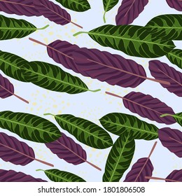 Random leaves shapes seamless pattern. Purple and green botanic ornament on light pastel background. Great for wallpaper, textile, wrapping paper, fabric print. Vector illustration.