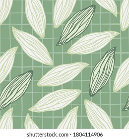 Patrón de doodle aleatorio verde claro sin soldadura. Reseña los elementos botánicos sobre un fondo de color verde claro. Perfecto para papel pintado, textil, papel envolvente, impresión de tela. Ilustración vectorial.