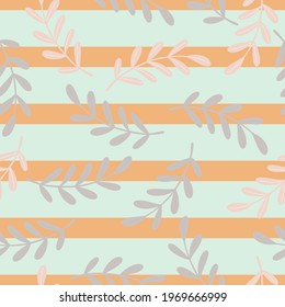 Random light grey leaf branches print seamless pattern. Orange and blue colored striped background. Graphic design for wrapping paper and fabric textures. Vector Illustration.