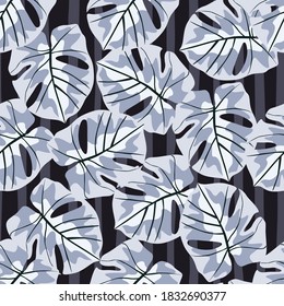 Random light purple seamless pattern with hand drawn monstera elements. Striped background. Botanic backdrop. Perfect for fabric design, textile print, wrapping, cover. Vector illustration.