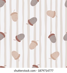 Random light seamless pattern with hand drawn acorn elements. Striped pastel background. Perfect for fabric design, textile print, wrapping, cover. Vector illustration.