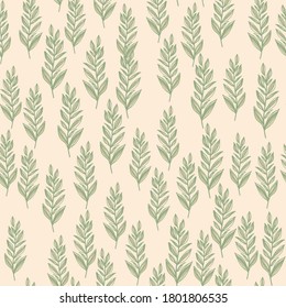 Random light seamless pattern with outline floral ornament. Green contoured leaves branches shapes on light background. For wallpaper, textile, wrapping paper, fabric print. Vector illustration.