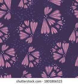 Random Lilac Outline Flower Silhouettes Seamless Pattern. Dark Purple Background With Splashes. Designed For Wallpaper, Textile, Wrapping Paper, Fabric Print. Vector Illustration.