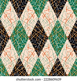 Random lines mosaic seamless pattern. Hand drawn tribal geometric tile. Vintage ethnic line ornament. Design for fabric, textile print, wrapping paper, cover. Vector illustration