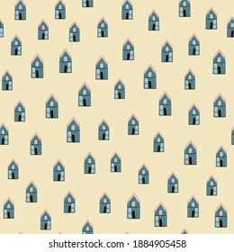 Random little blue house silhouettes seamless pattern. Light background. Creative backdrop. Designed for wallpaper, textile, wrapping paper, fabric print. Vector illustration.