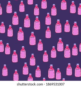 Random little pink bottle ornament seamless medicine pattern. Purple background. Pharmacy backdrop. Perfect for fabric design, textile print, wrapping, cover. Vector illustration.