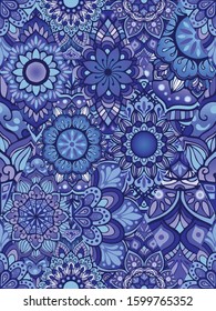 random Mandala doodle illustration design seamless pattern vector in indigo color tone concept in collage