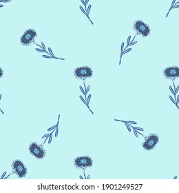 Random minimaistic seamless pattern with navy blue flower silhouettes. Pastel background. Flat vector print for textile, fabric, giftwrap, wallpapers. Endless illustration.