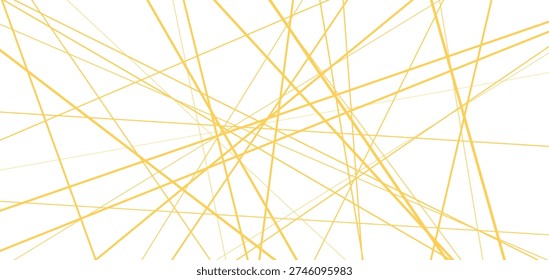 Random modern asymmetric gold linear backdrop with abstract geometric pattern on white background. Chaotic straight lines and fine golden lattice mesh
