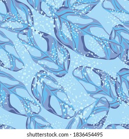 Random monstera leaf ornament seamless pattern. Blue background with splashes. Botanic bright print. Great for fabric design, textile print, wrapping, cover. Vector illustration.