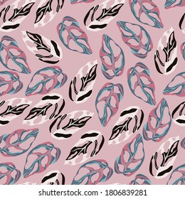 Random monstera leaves seamless doodle pattern. Light pink background with colorful botanic figures. Great for wallpaper, textile, wrapping paper, fabric print. Vector illustration.