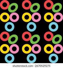 Formas de dona multicolores al azar sobre un fondo negro.
