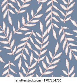 Random nature doodle seamless pattern with leaf branches ornament. Pastel navy blue background. Simple design. Designed for fabric design, textile print, wrapping, cover. Vector illustration