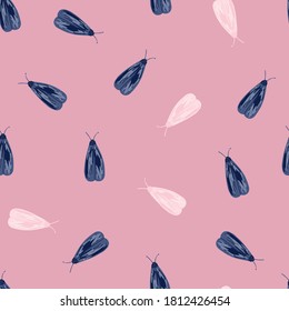 Random navy blue butterfly print seamless pattern. Doodle hand drawn insects on pink background. Decorative backdrop for wallpaper, textile, wrapping paper, fabric print. Vector illustration.