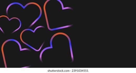 Formas cardíacas aleatorias de neón coloreadas sobre fondo negro con espacio de copia para texto. Genial y adorable patrón de banner para el día de San Valentín en 3d de ancho al estilo y2k