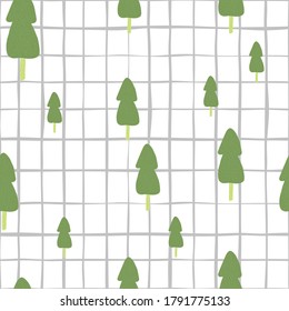 Random new year seamless pattern with fir tree elements. White background with check. Green botanic silhouettes. Perfect for wallpaper, textile, wrapping paper, fabric print. Vector illustration.