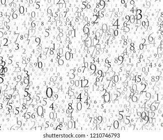 Random numbers 0 and 9. Background in a matrix style. Binary code pattern with digits on screen, falling character. Abstract digital backdrop. Vector illustration Different shades of grey 