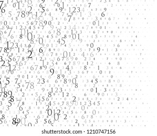 Random numbers 0 and 9. Background in a matrix style. Binary code pattern with digits on screen, falling character. Abstract digital backdrop. Vector illustration Different shades of grey