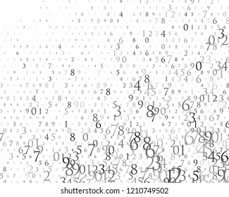 Random numbers 0 and 9. Background in a matrix style. Binary code pattern with digits on screen, falling character. Abstract digital backdrop. Vector illustration Different shades of grey