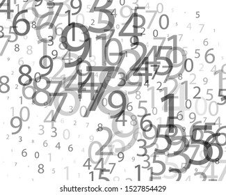 Random numbers 0 and 9 of different scales and different degrees of transparency. Background in a matrix style. Binary code pattern with digits on screen, falling character. Abstract digital backdrop