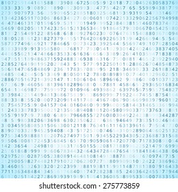 Random numbers code screen listing table  white blue cypher, vector background