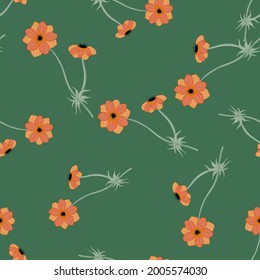 Random orange anemone flowers shapes seamless doodle pattern. Green bright background. Creative print. Stock illustration. Vector design for textile, fabric, giftwrap, wallpapers.