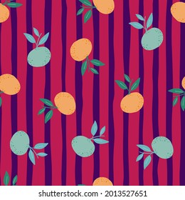 Siluetas de mandarina aleatorias de color naranja y azul sin fisuras. Fondo rayado rosa brillante. Perfecto para el diseño de tela, impresión textil, envoltura, cubierta. Ilustración vectorial.