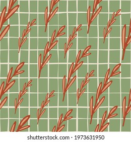 Random orange herbal twig seamless pattern in hand drawn style. Pastel green chequered background. Perfect for fabric design, textile print, wrapping, cover. Vector illustration.