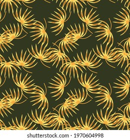 Random orange tropic bush silhouettes seamless pattern in doodle style. Green dark background. Designed for fabric design, textile print, wrapping, cover. Vector illustration.