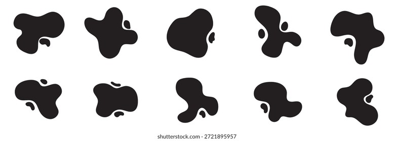 Formas de blob orgânicas aleatórias. O cubo preto cai. Bolha de silhueta de ameba orgânica líquida em estilo moderno. Várias formas de bolhas irregulares. blob orgânico forma irregular forma abstrata vetor ilustração.