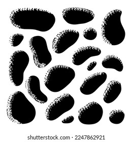 Blobs orgánicos al azar, Flores al azar, manchas de tinta, formas al punto. Splash, gráfico de puntos. Una gota de líquido, líquido. Burbujas, siluetas de piedra.