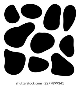 Random organic blobs, Random blots, ink blots, Spot shapes. Splash, spot chart. A drop of liquid, liquid. Pebbles, stone silhouettes.