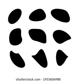 Random organic round spot blob pebble shape set. Collection of abstract irregular oval stone stains in black ink vector illustration isolated on white background. Black doodle blot.