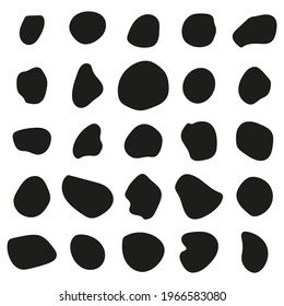 Random organic shapes, abstract drops, blotch, inkblot. Vector set of liquid, fluid smooth form. Pebble and stone silhouettes. Collection of specks or spot of various irregular shapes. 