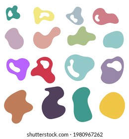 Random organic shapes, abstract drops, blotch, inkblot. Vector set of liquid, fluid smooth form. Pebble and stone silhouettes. Collection of specks or spot of various irregular shapes.