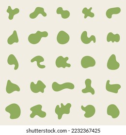 Random organic shapes, abstract drops, blotch, inkblot. Vector set of liquid, fluid smooth form. Pebble and stone silhouettes. Collection of specks or spot of various irregular shapes.