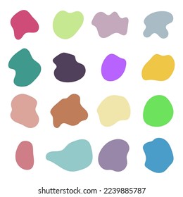 Random organic shapes, abstract drops, blotch, inkblot. Vector set of liquid, fluid smooth form. Pebble and stone silhouettes. Collection of specks or spot of various irregular shapes.