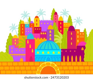 Random oriental multicolor facade city scene. Hand drawn illustration for children illustration, banner, cover, print, postcard, wall art, travel blogs. 