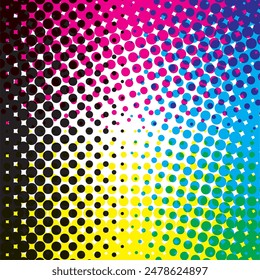 Random overlapping CMYK dotted surfaces creating unique, colorful modern pattern